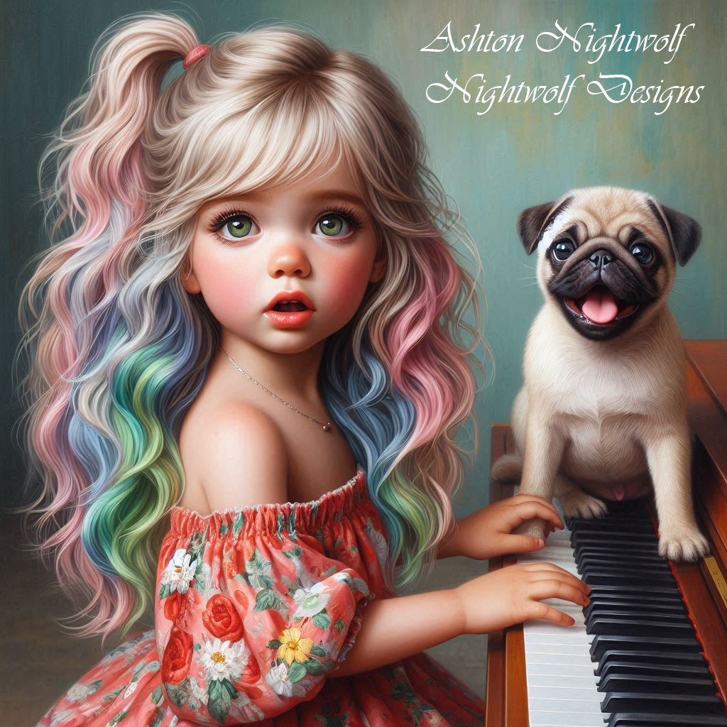 Adorable Toddler With Pug Playing The Piano AI Artwork 4