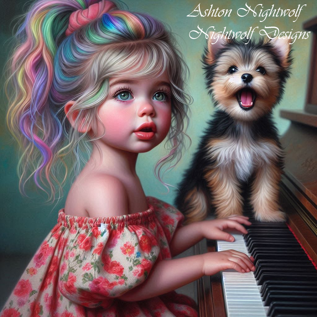 Adorable Toddler With Yorkie Playing The Piano AI Artwork 1