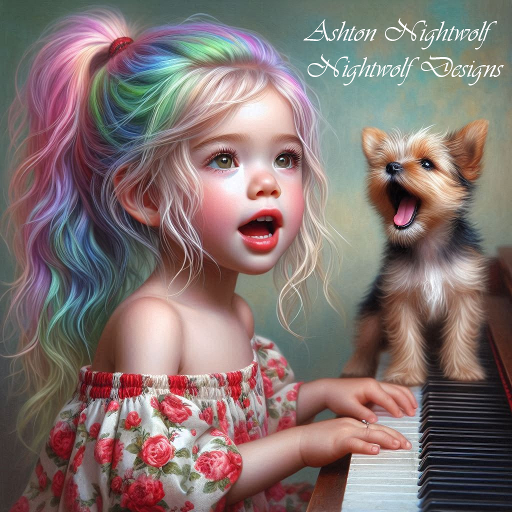Adorable Toddler With Yorkie Playing The Piano AI Artwork 2