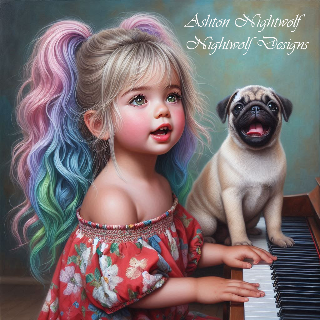 Adorable Toddler With Pug Playing The Piano AI Artwork 2