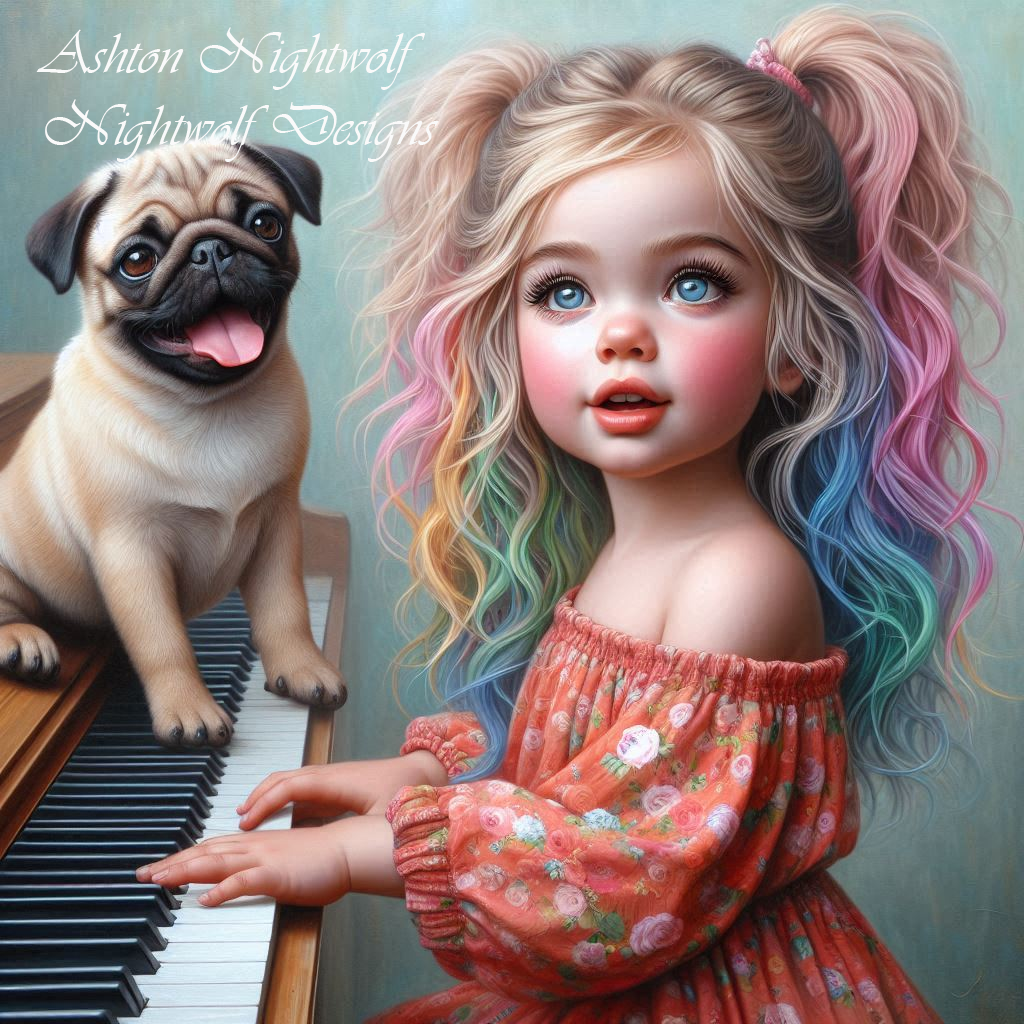 Adorable Toddler With Pug Playing The Piano AI Artwork 1