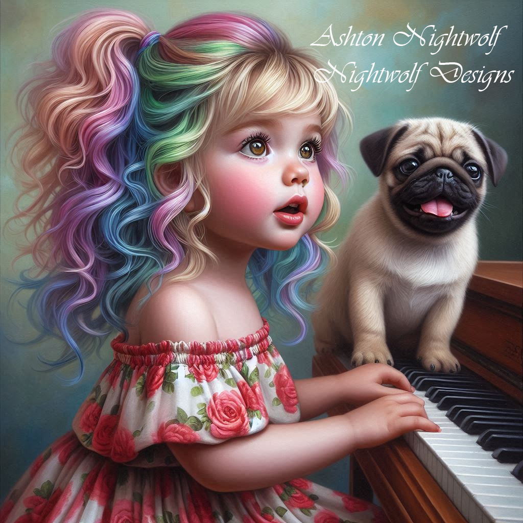 Adorable Toddler With Pug Playing The Piano AI Artwork 3