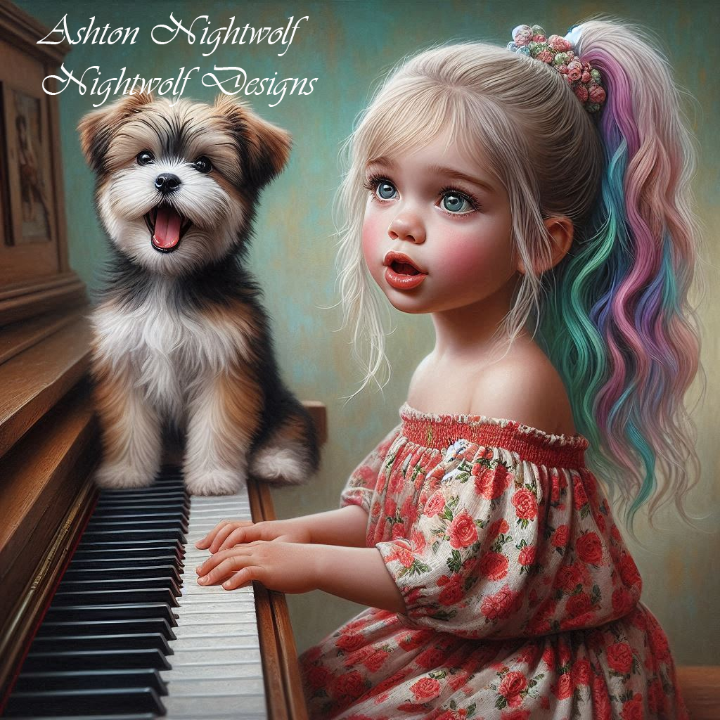 Adorable Toddler With Yorkie Playing The Piano AI Artwork 3
