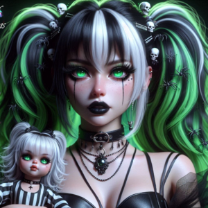 Anime Goth Girl Green & White With Doll AI Artwork 4