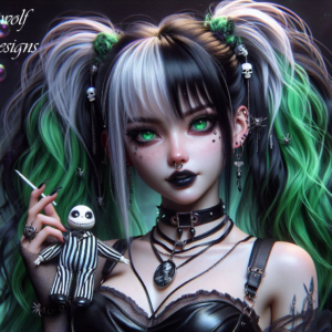 Anime Goth Girl Green & White With Doll AI Artwork 1