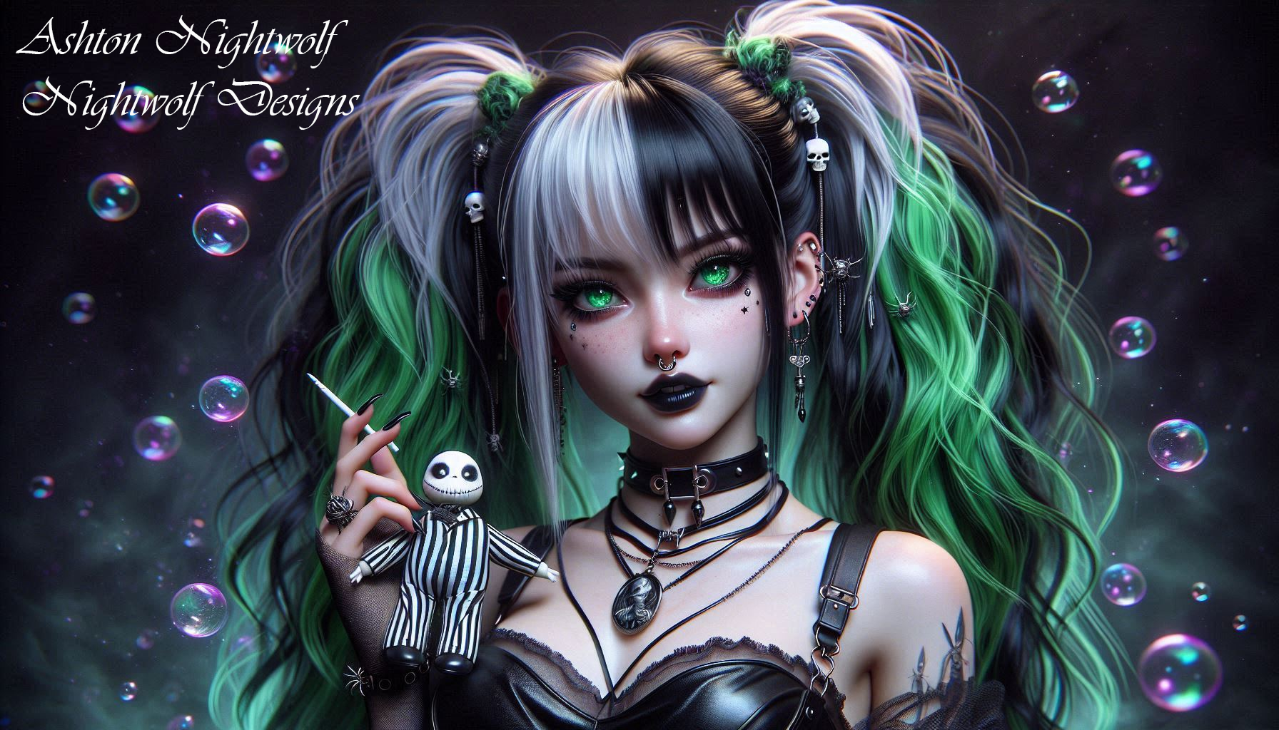 Anime Goth Girl Green & White With Doll AI Artwork 1