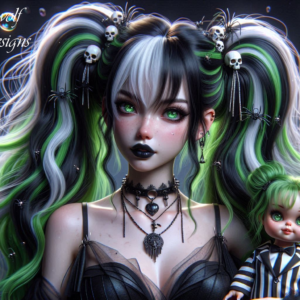 Anime Goth Girl Green & White With Doll AI Artwork 2