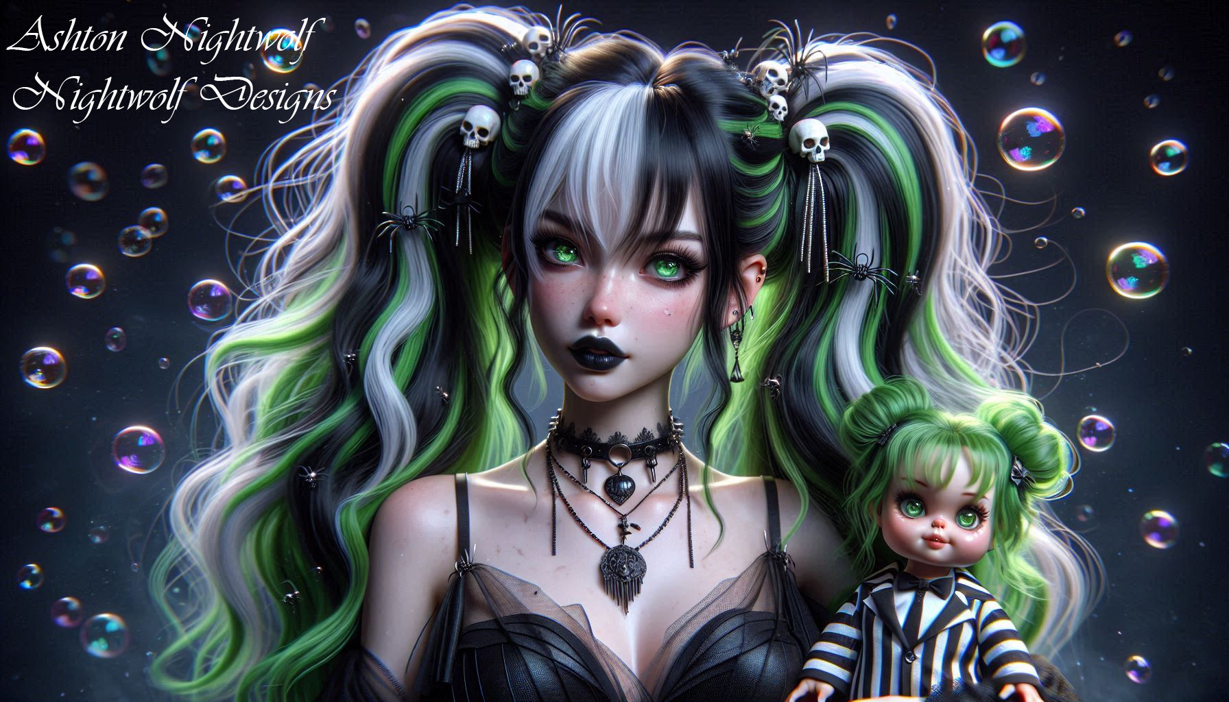 Anime Goth Girl Green & White With Doll AI Artwork 2