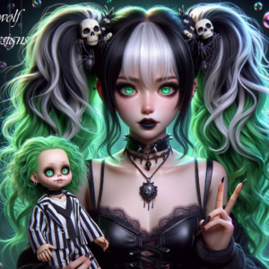 Anime Goth Girl Green & White With Doll AI Artwork 3