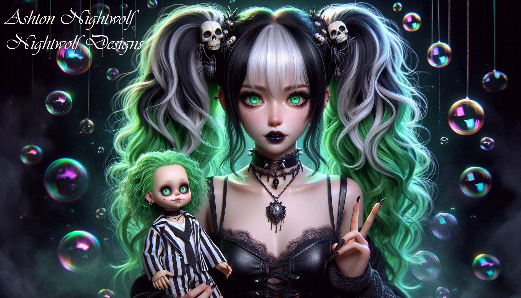 Anime Goth Girl Green & White With Doll AI Artwork 3