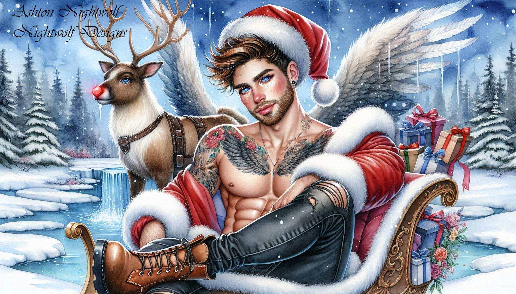 Christmas Male Angel With Sleigh And Deer AI Artwork 4