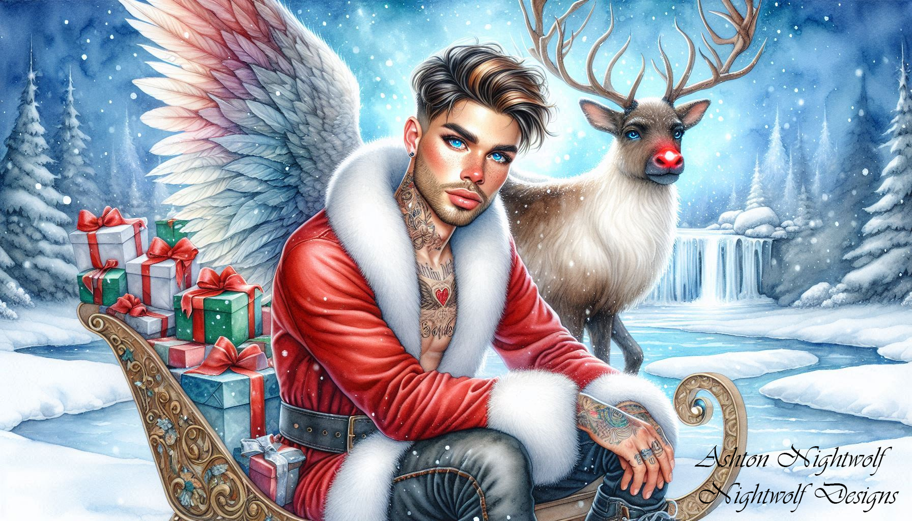 Christmas Male Angel With Sleigh And Deer AI Artwork 5