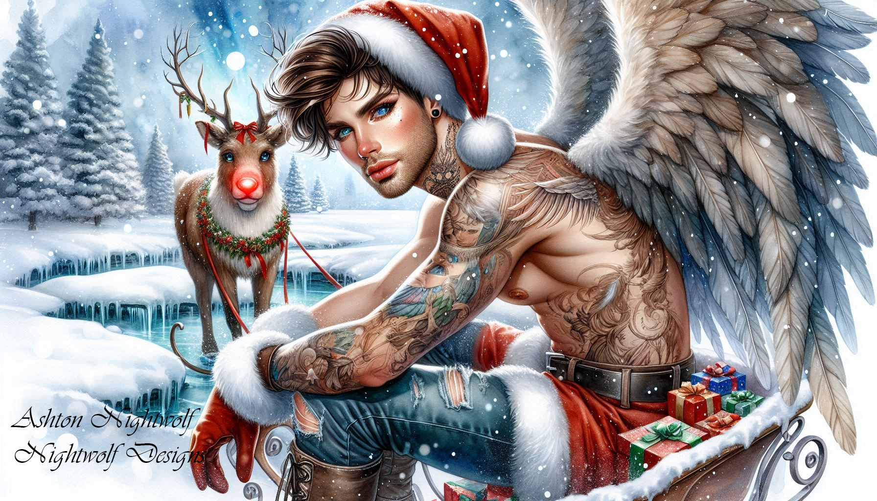 Christmas Male Angel With Sleigh And Deer AI Artwork 6