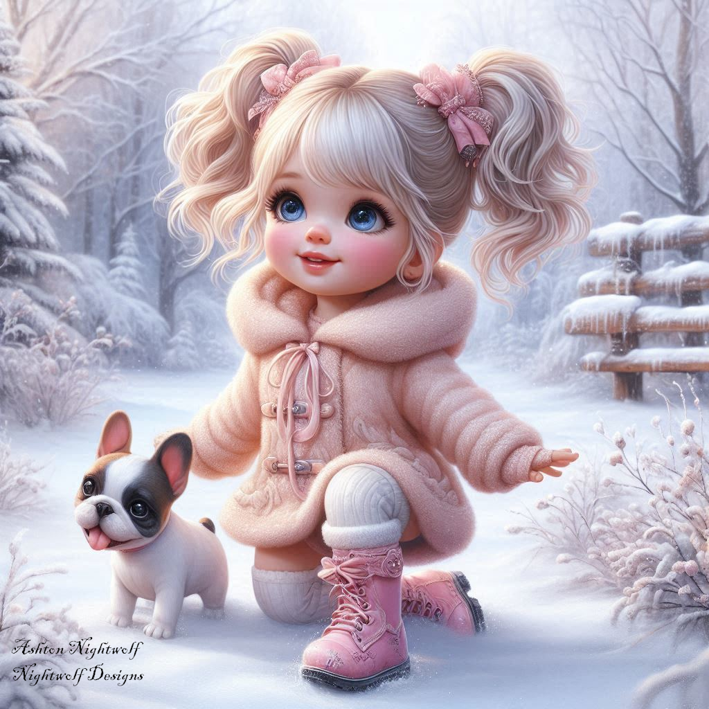 Female Chibi With French Bulldog And Winter Background AI Artwork 1