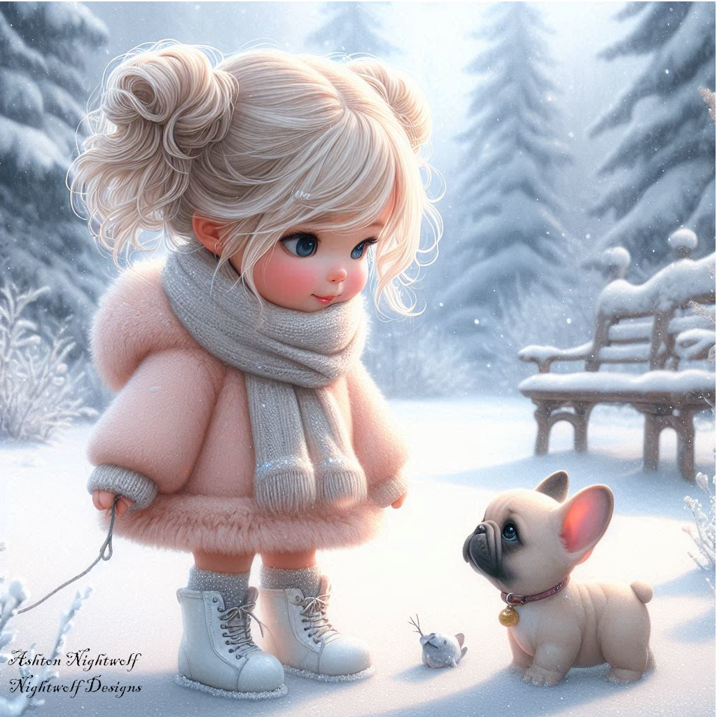 Female Chibi With French Bulldog And Winter Background AI Artwork 2