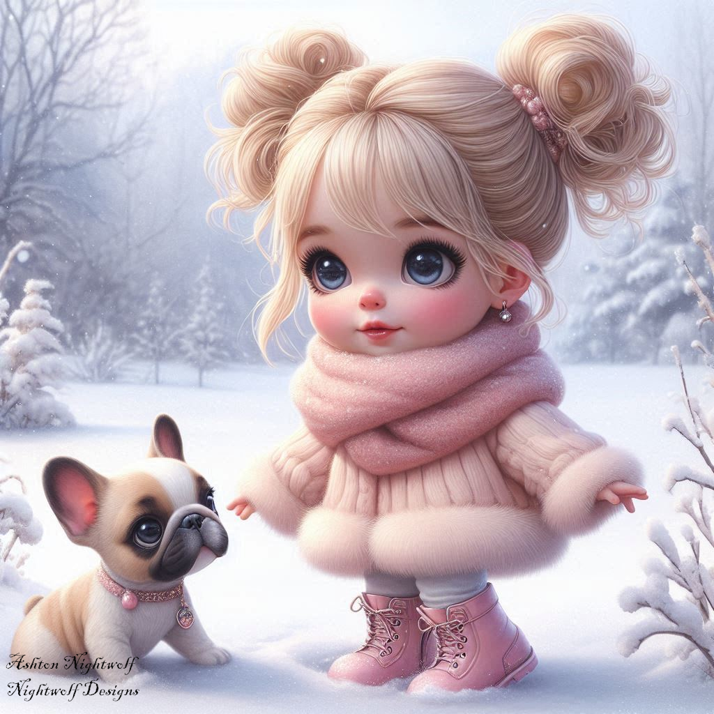 Female Chibi With French Bulldog And Winter Background AI Artwork 3