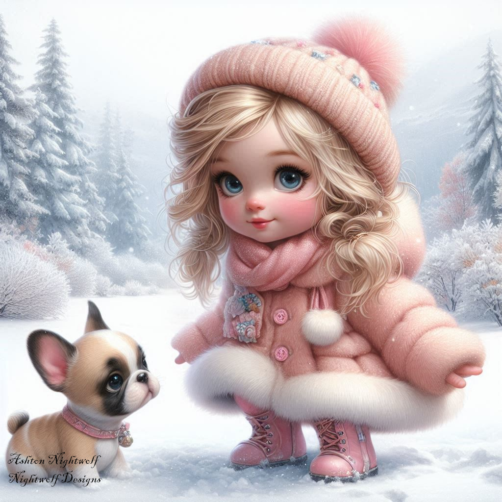 Female Chibi With French Bulldog And Winter Background AI Artwork 6