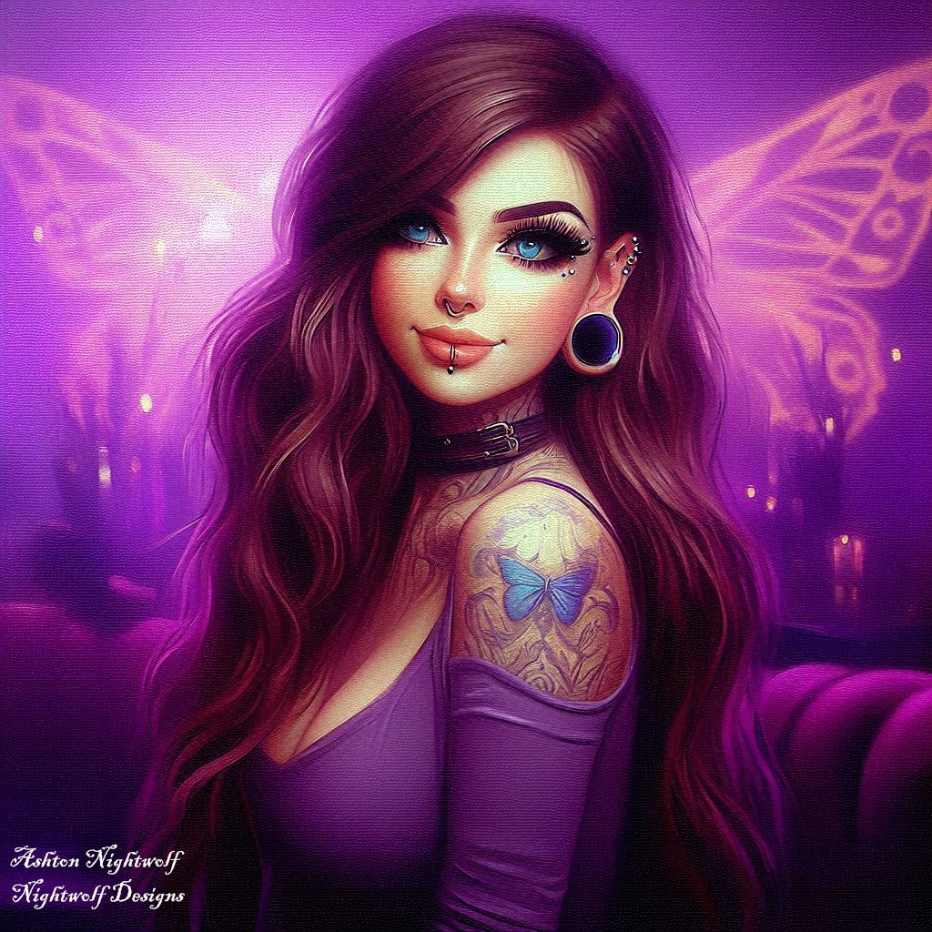Female With Piercings And Tatts And Purple Butterfly Background AI Artwork 1