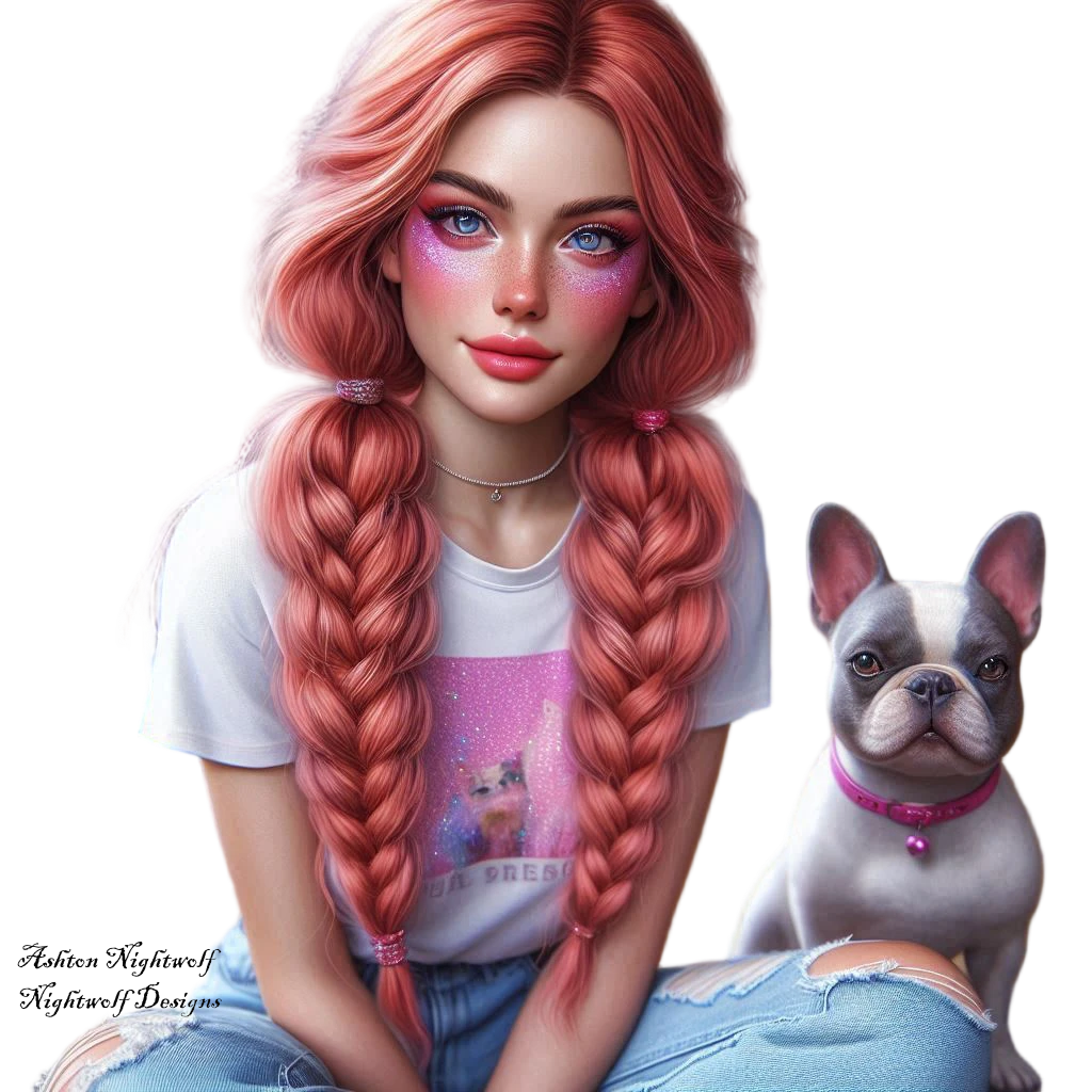 Female With Red Hair And Pink Accents With French Bulldog AI Tube 2