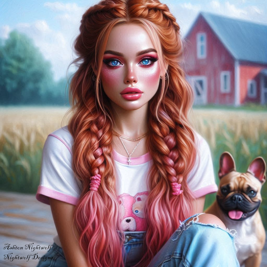 Female With Red Hair And Pink Accents With French Bulldog Near Farmhouse AI Artwork 1