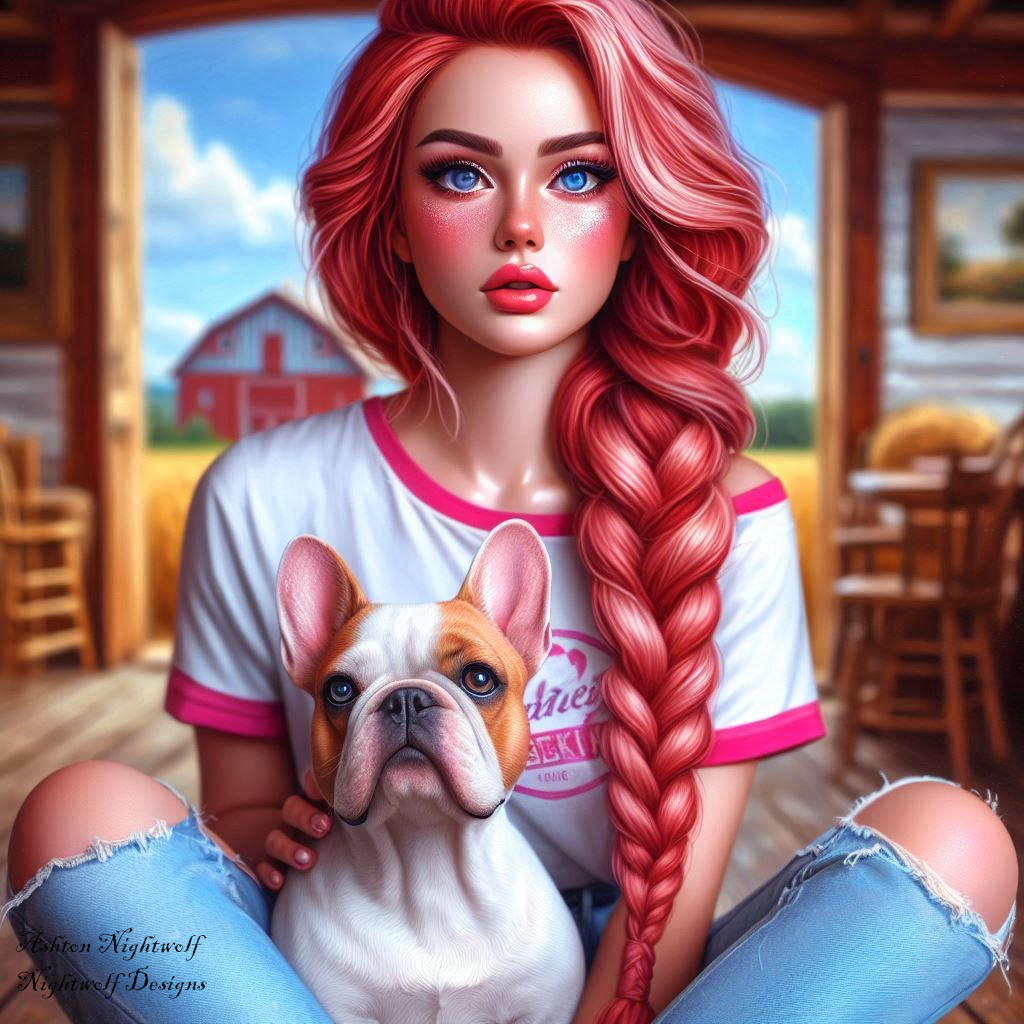 Female With Red Hair And Pink Accents With French Bulldog Near Farmhouse AI Artwork 5