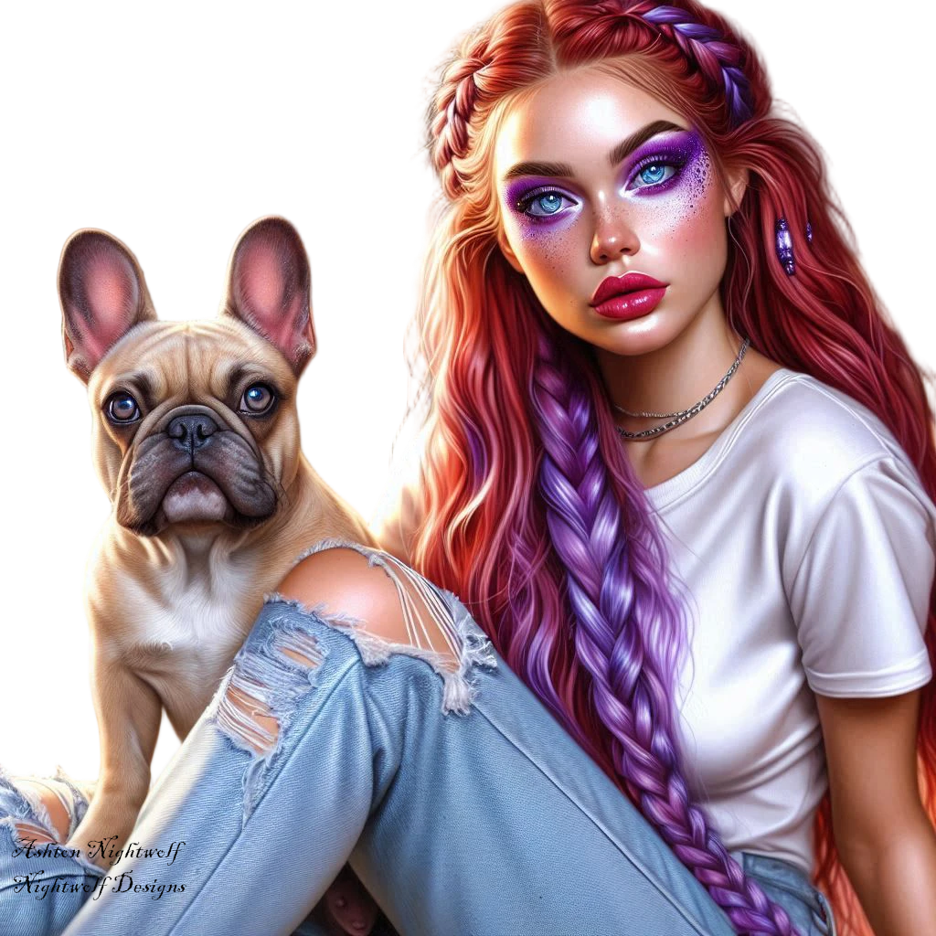 Female With Red Hair And Purple Accents With French Bulldog AI Tube 1