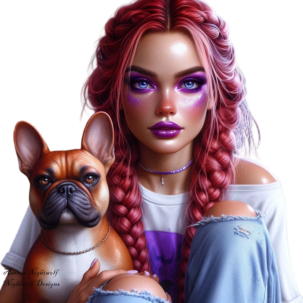 Female With Red Hair And Purple Accents With French Bulldog AI Tube 2