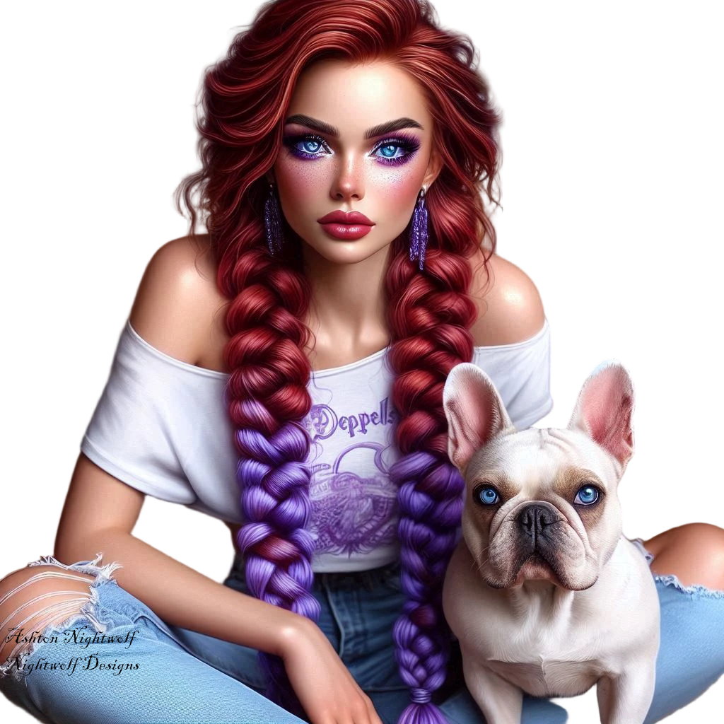 Female With Red Hair And Purple Accents With French Bulldog AI Tube 3