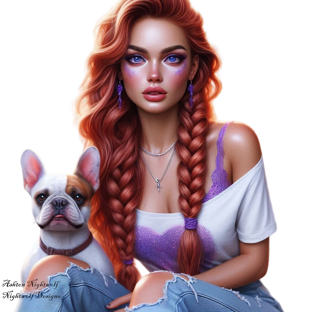 Female With Red Hair And Purple Accents With French Bulldog AI Tube 5