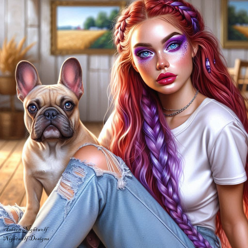Female With Red Hair And Purple Accents With French Bulldog Near Farmhouse AI Artwork 1