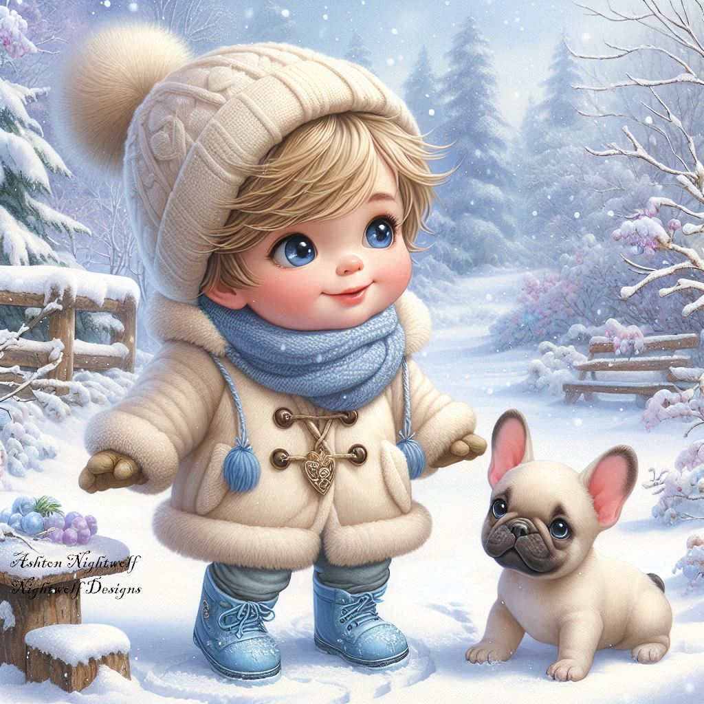 Male Chibi With French Bulldog And Winter Background AI Artwork 1