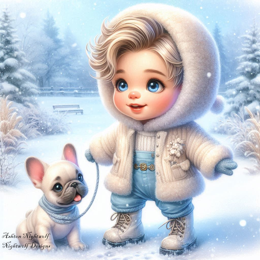 Male Chibi With French Bulldog And Winter Background AI Artwork 2