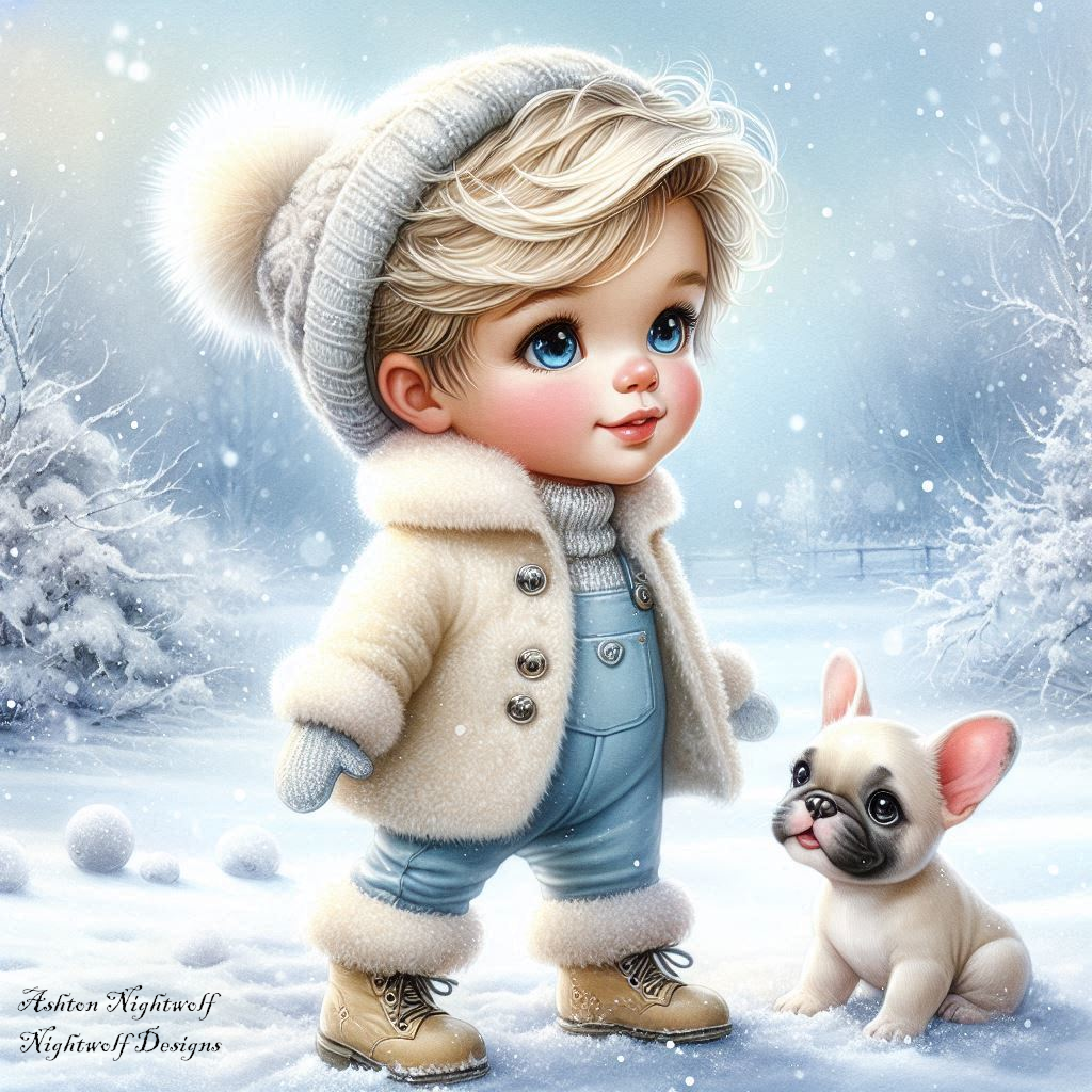 Male Chibi With French Bulldog And Winter Background AI Artwork 3