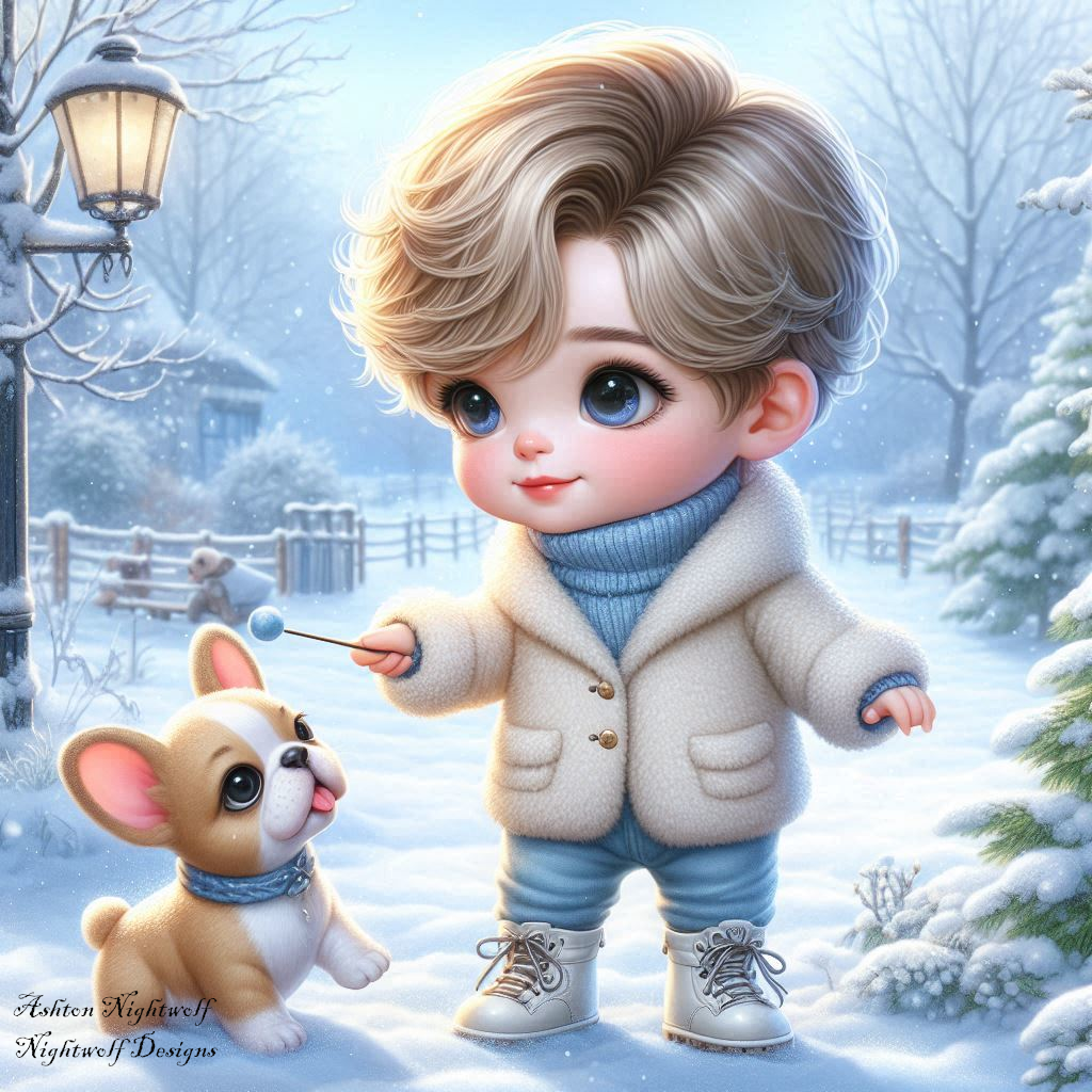 Male Chibi With French Bulldog And Winter Background AI Artwork 5