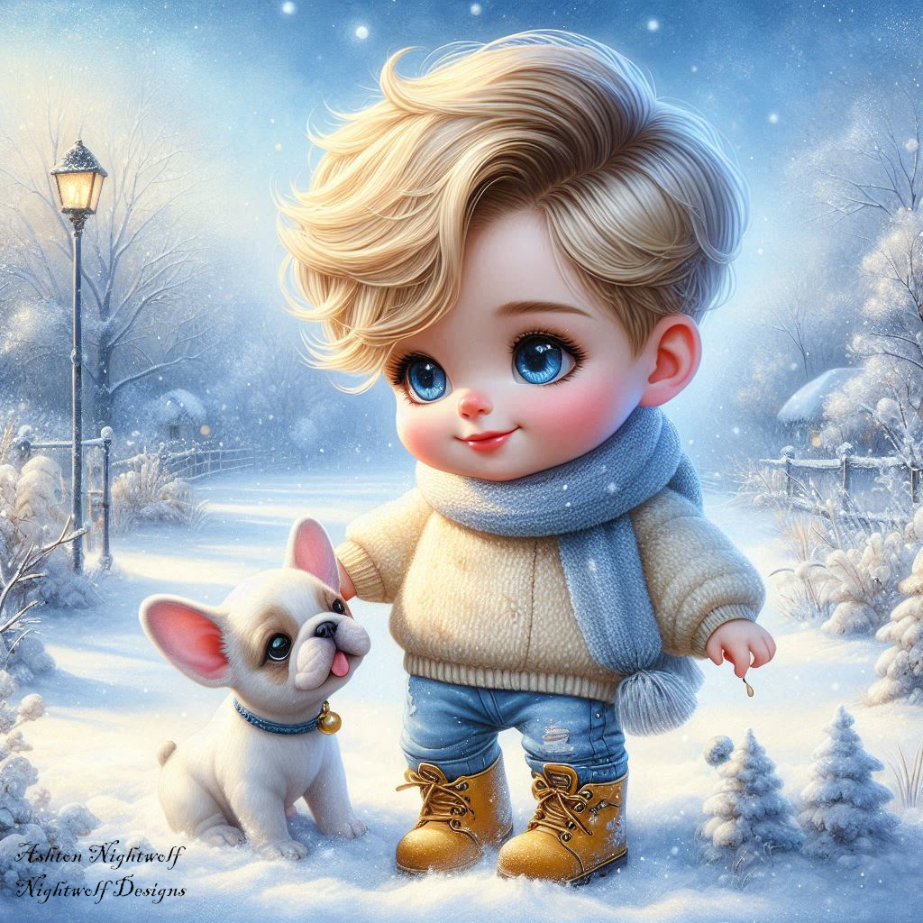 Male Chibi With French Bulldog And Winter Background AI Artwork 8