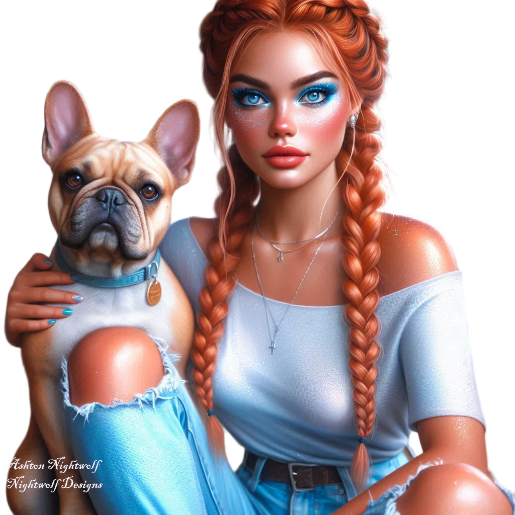 Female With Red Hair And Light Blue Accents With French Bulldog AI Tube 7