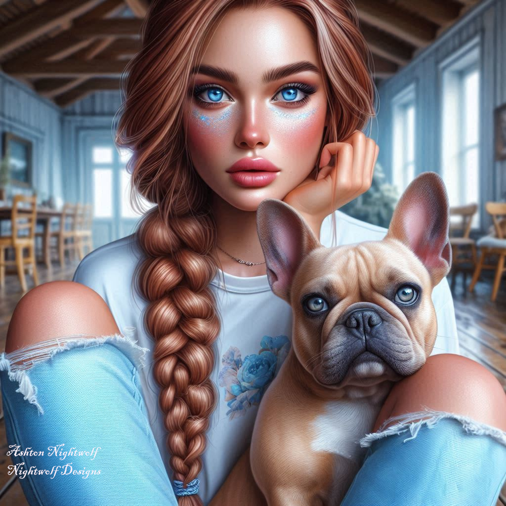Female With Red Hair And Light Blue Accents With French Bulldog Near Farmhouse AI Artwork 2