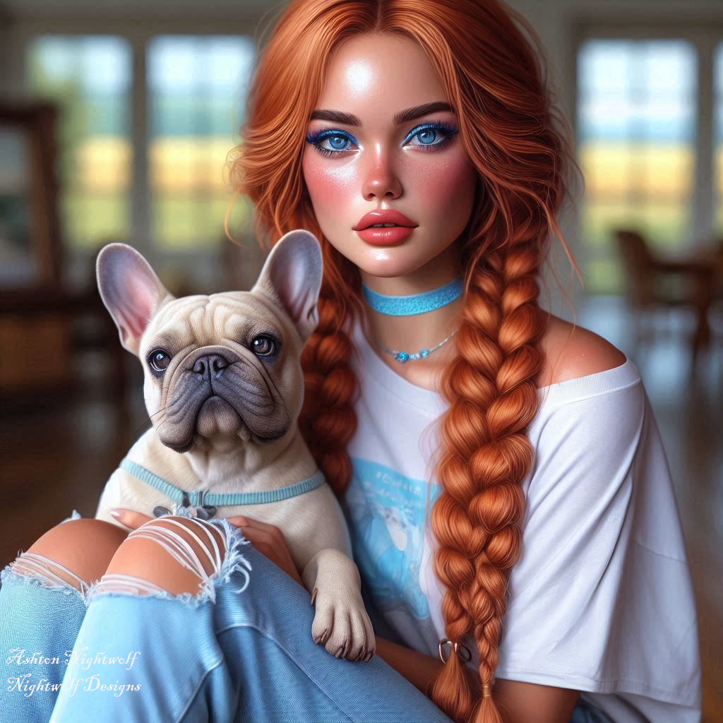Female With Red Hair And Light Blue Accents With French Bulldog Near Farmhouse AI Artwork 4