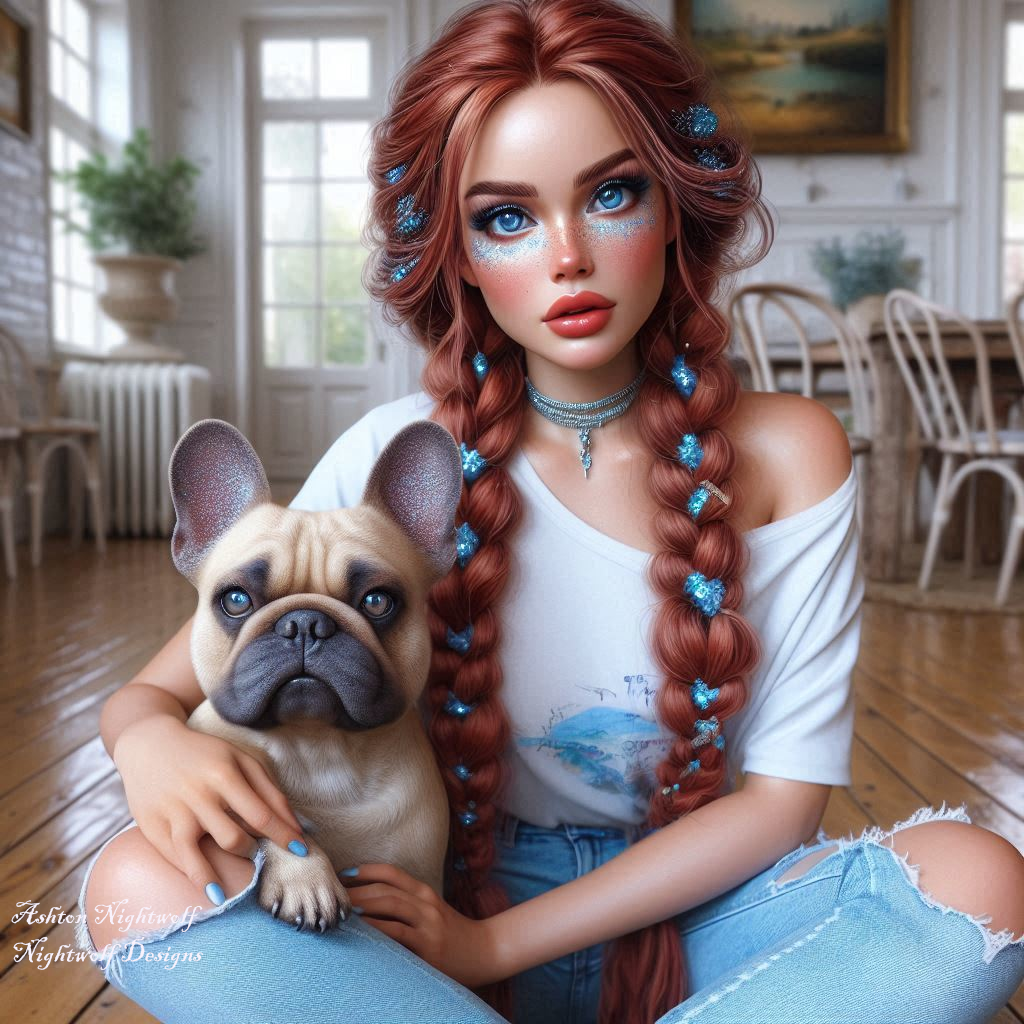 Female With Red Hair And Light Blue Accents With French Bulldog Near Farmhouse AI Artwork 6