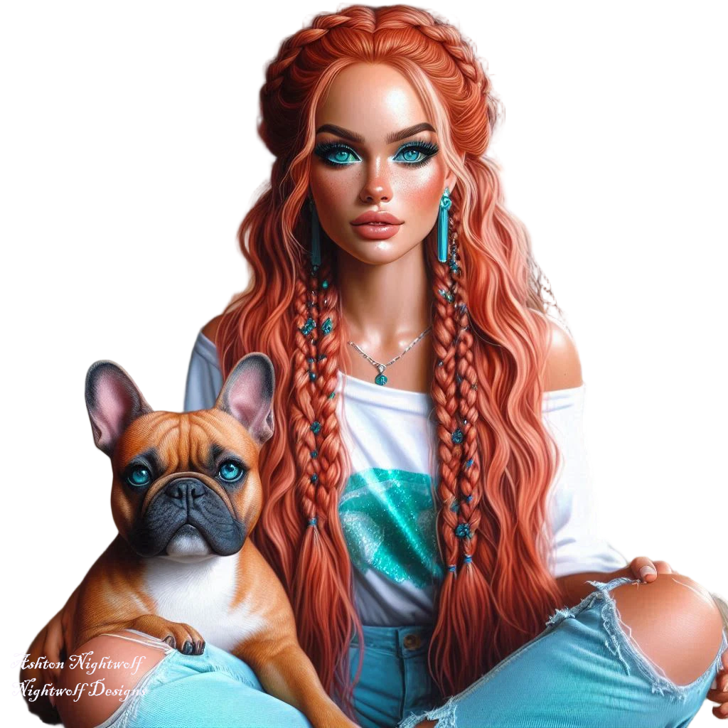 Female With Red Hair And Teal Accents With French Bulldog AI Tube 5