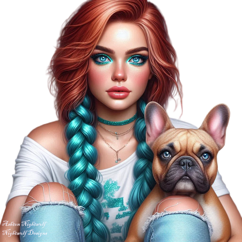 Female With Red Hair And Teal Accents With French Bulldog AI Tube 7