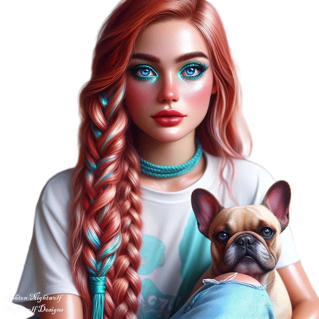 Female With Red Hair And Teal Accents With French Bulldog AI Tube 8