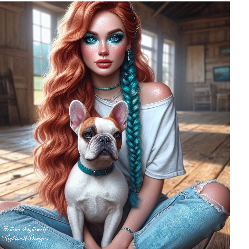 Female With Red Hair And Teal Accents With French Bulldog Near Farmhouse AI Artwork 1
