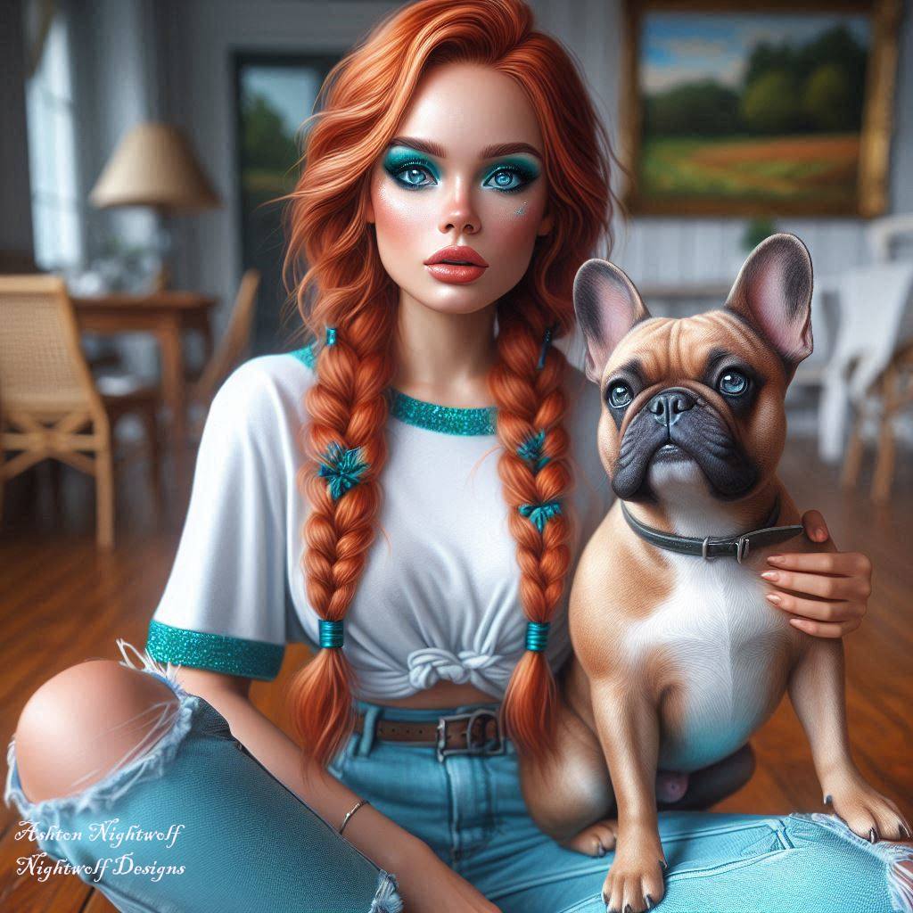 Female With Red Hair And Teal Accents With French Bulldog Near Farmhouse AI Artwork 2