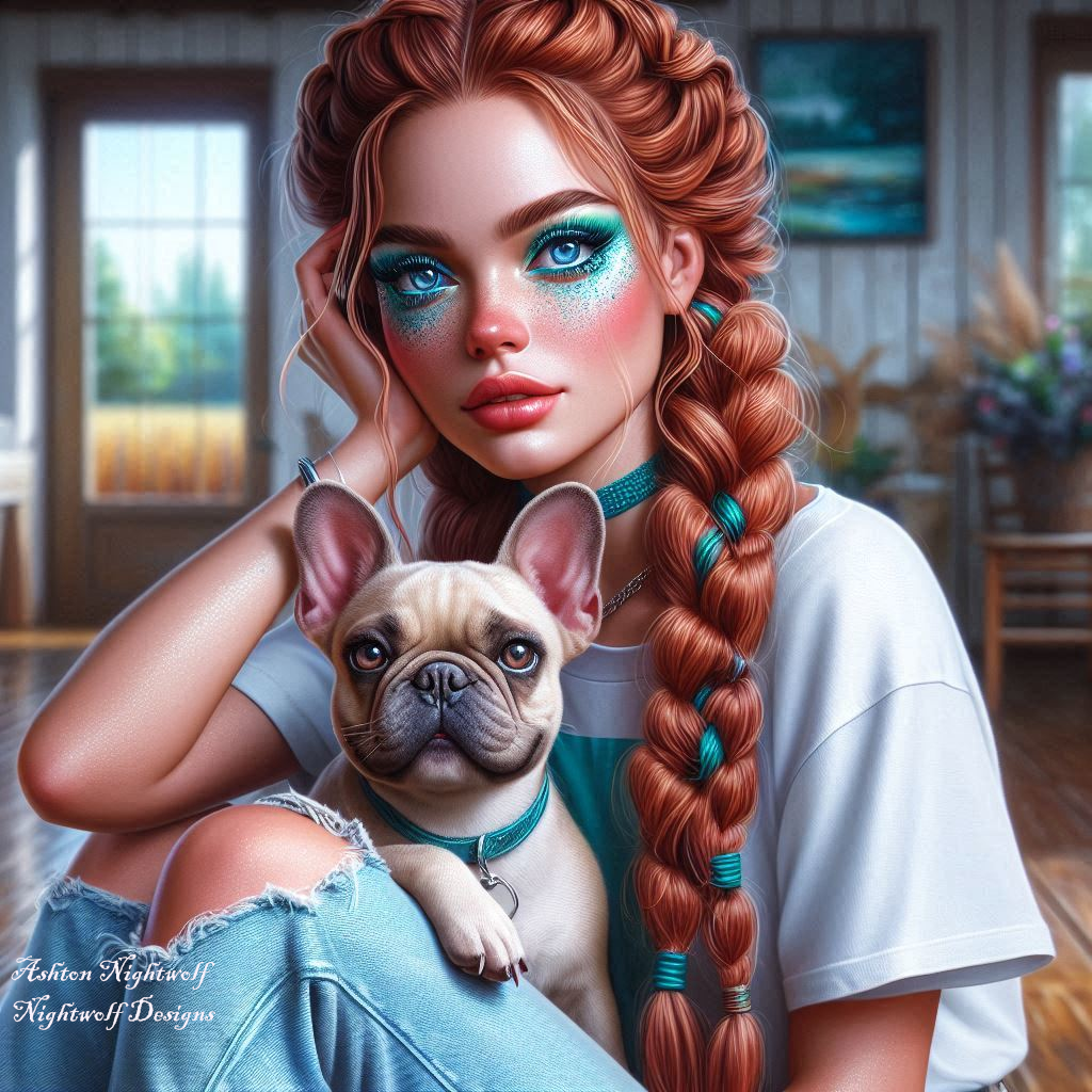Female With Red Hair And Teal Accents With French Bulldogs Near Farmhouse AI Artwork 3