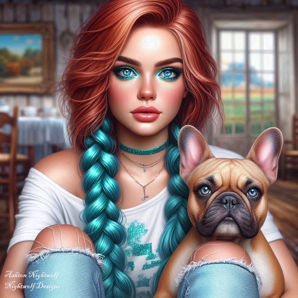 Female With Red Hair And Teal Accents With French Bulldog Near Farmhouse AI Artwork 7