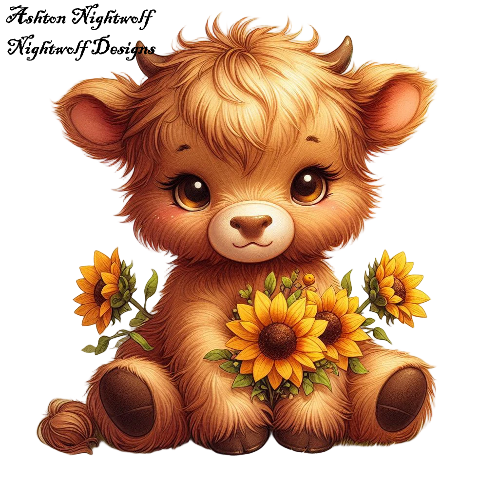 Highland Cow With Sunflowers AI Clipart 3