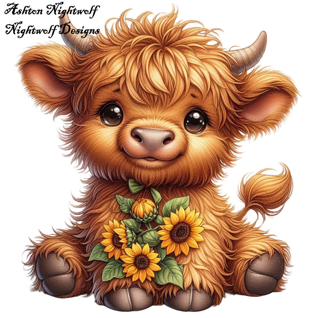 Highland Cow With Sunflowers AI Clipart 5