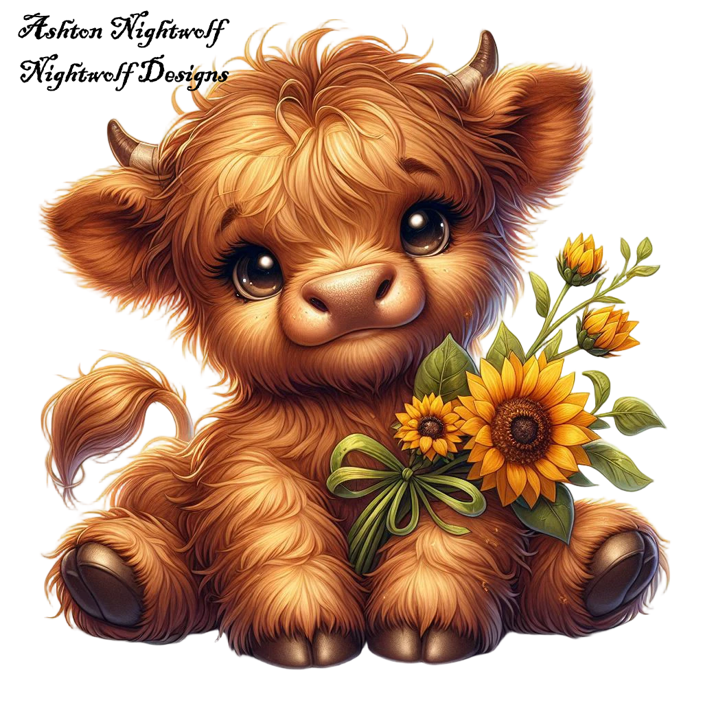 Highland Cow With Sunflowers AI Clipart 6