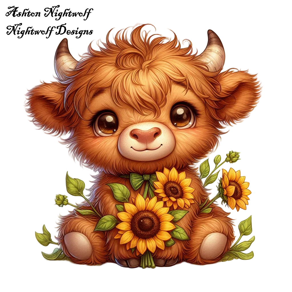 Highland Cow With Sunflowers AI Clipart 1